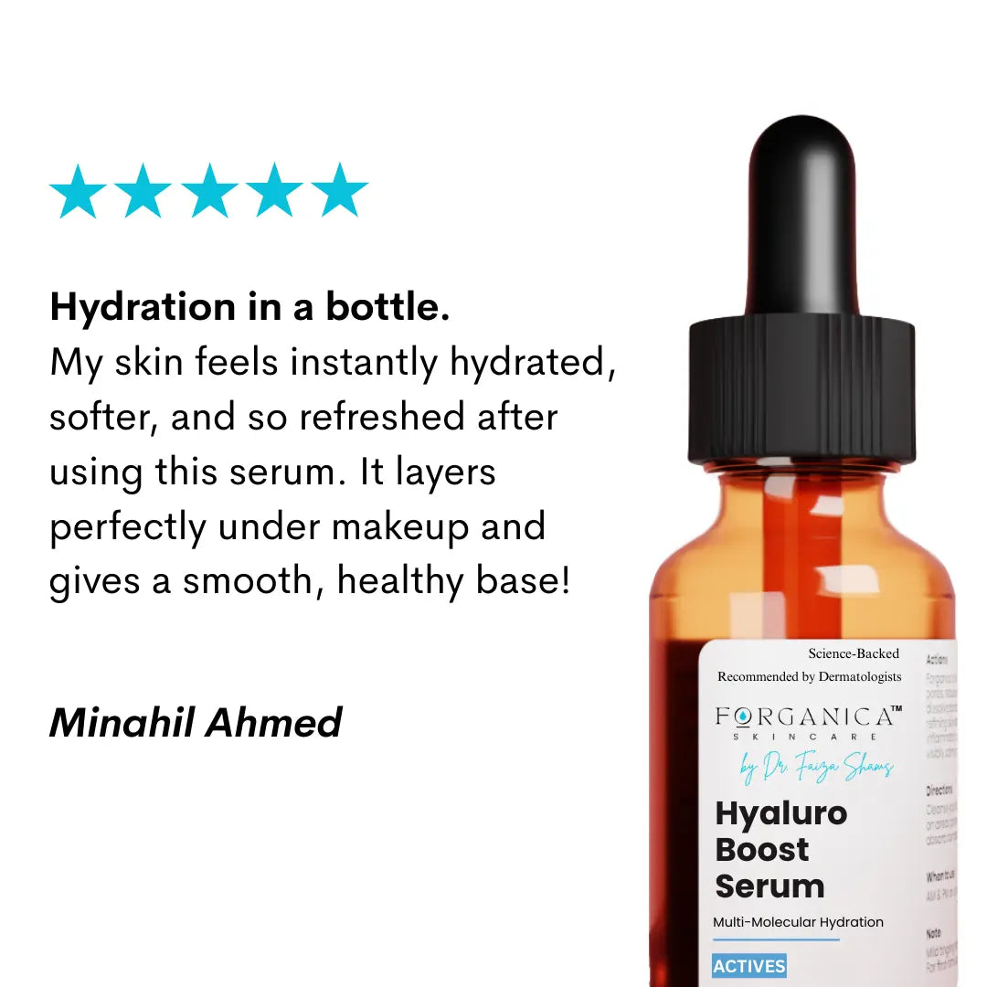 Customer testimonials for Forganica Hyaluro Boost Hyaluronic Acid Serum in Pakistan.