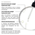 Ingredient infographic for Forganica Hyaluro Boost Serum showing Multi-Molecular Hyaluronic Acid, Vitamin B5, and Licorice Root Extract for hydration, skin barrier repair, and brightening.