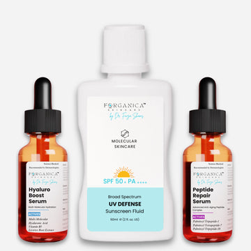 Forganica's Anti-Aging Repair Trio includes hyaluro boost serum, SPF and Forganica peptide repair serum