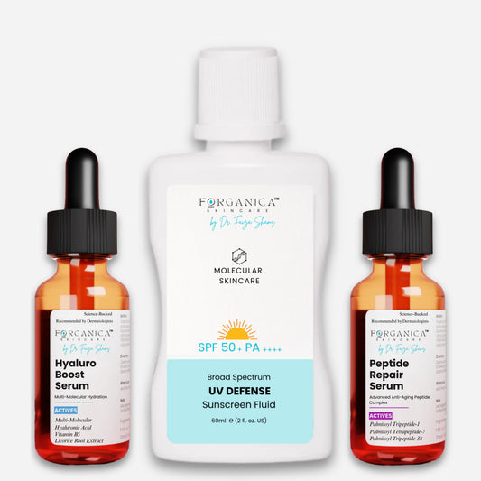 Forganica's Anti-Aging Repair Trio includes hyaluro boost serum, SPF and Forganica peptide repair serum