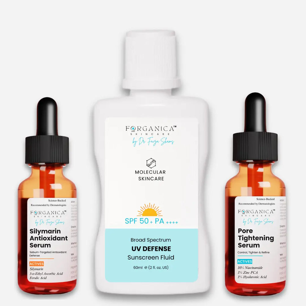 Forganica’s Oily Skin Clarity Trio includes silymarine antioxidant serum, SPF and forganica pore tightening serum
