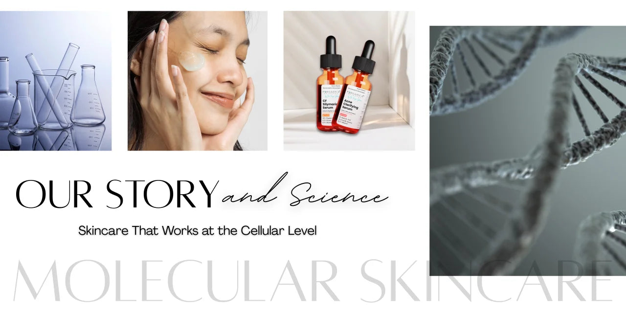 Forganica Skincare – Our Story and Science banner showing lab beakers, molecular DNA strands, and skincare serums illustrating molecular skincare that works at the cellular level.