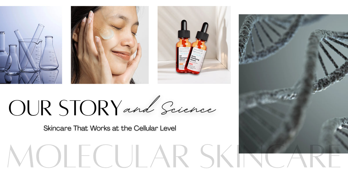 Promotional banner for molecular skincare with images of scientific equipment, a person applying cream, skincare bottles, and DNA strands.