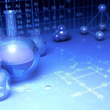 Forganica sunscreen active ingredient infographic showing laboratory equipment and molecular models on a surface with chemical formulas projected onto it.