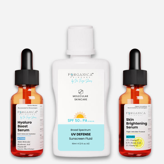 forganica Pigmentation & Glow Trio bundle image includes niacinamide serum, spf 50+ and vitamin c serum by forganica