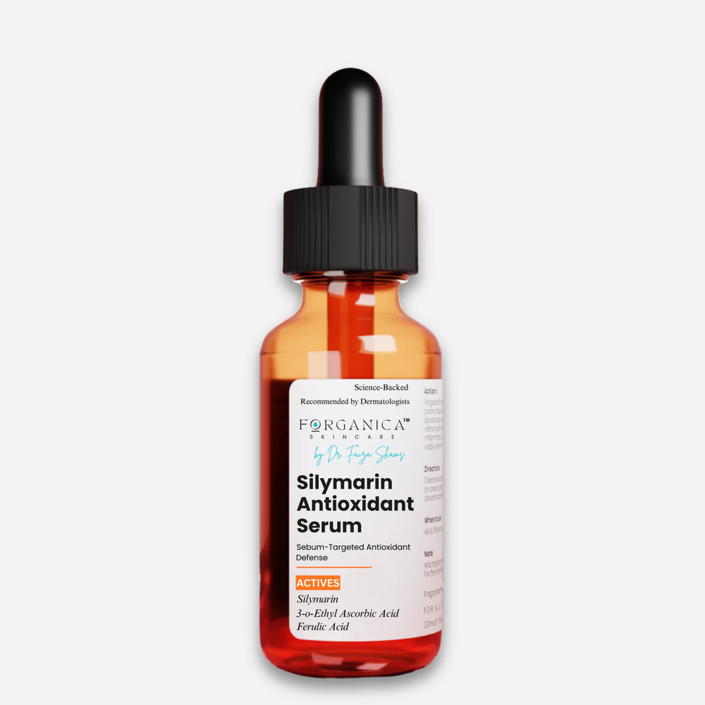 Bottle of Silymarin Antioxidant Serum (best vitamin C serum for oily skin) with dropper on a white background