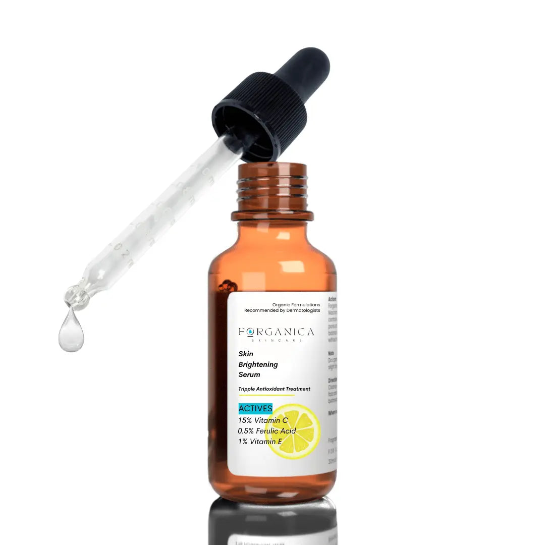 Forganica Vitamin C Serum open tube and vial – skin brightening formula that helps fade dark spots and reveal a radiant glow.